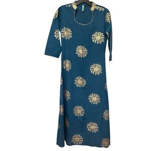 Elegant Teal & Gold Floral Dress Scoop Neck Size: XS